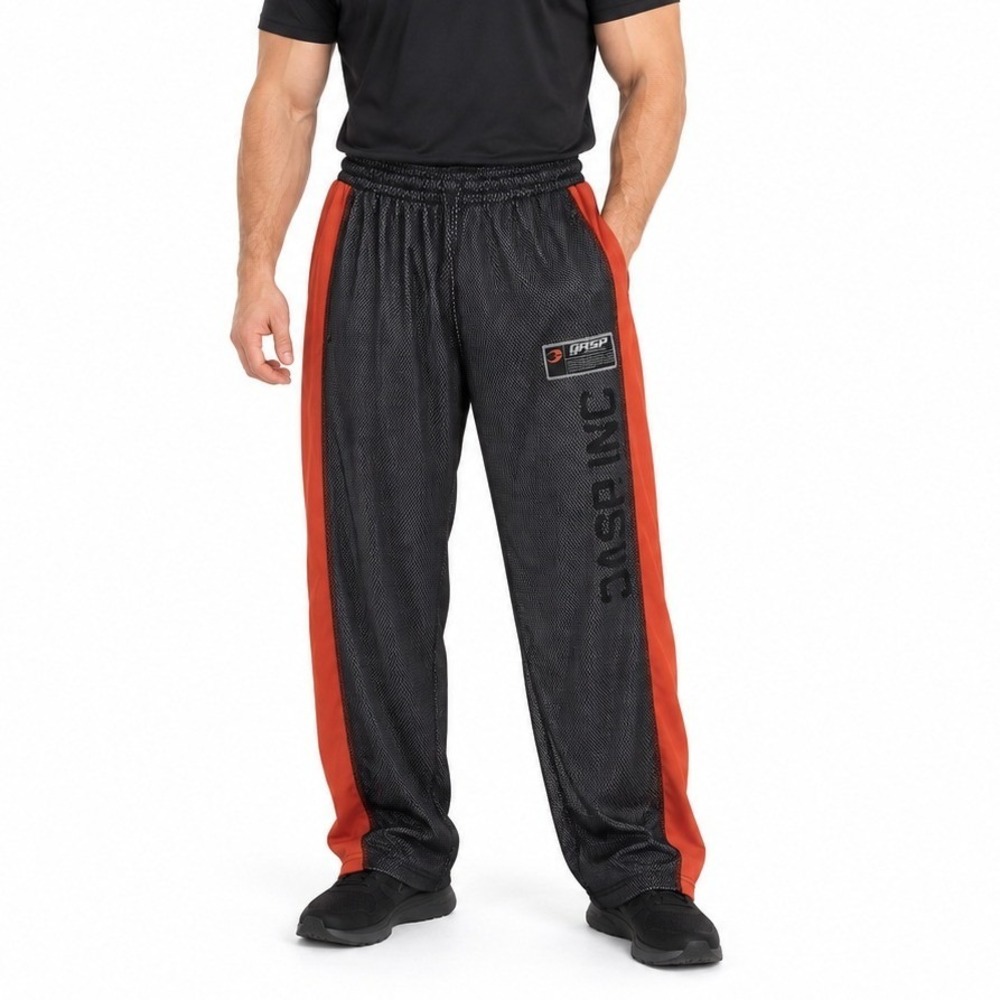 GASP Mesh Track Pants Large Black Orange Wide Leg Bodybuilding Gym Streetwear